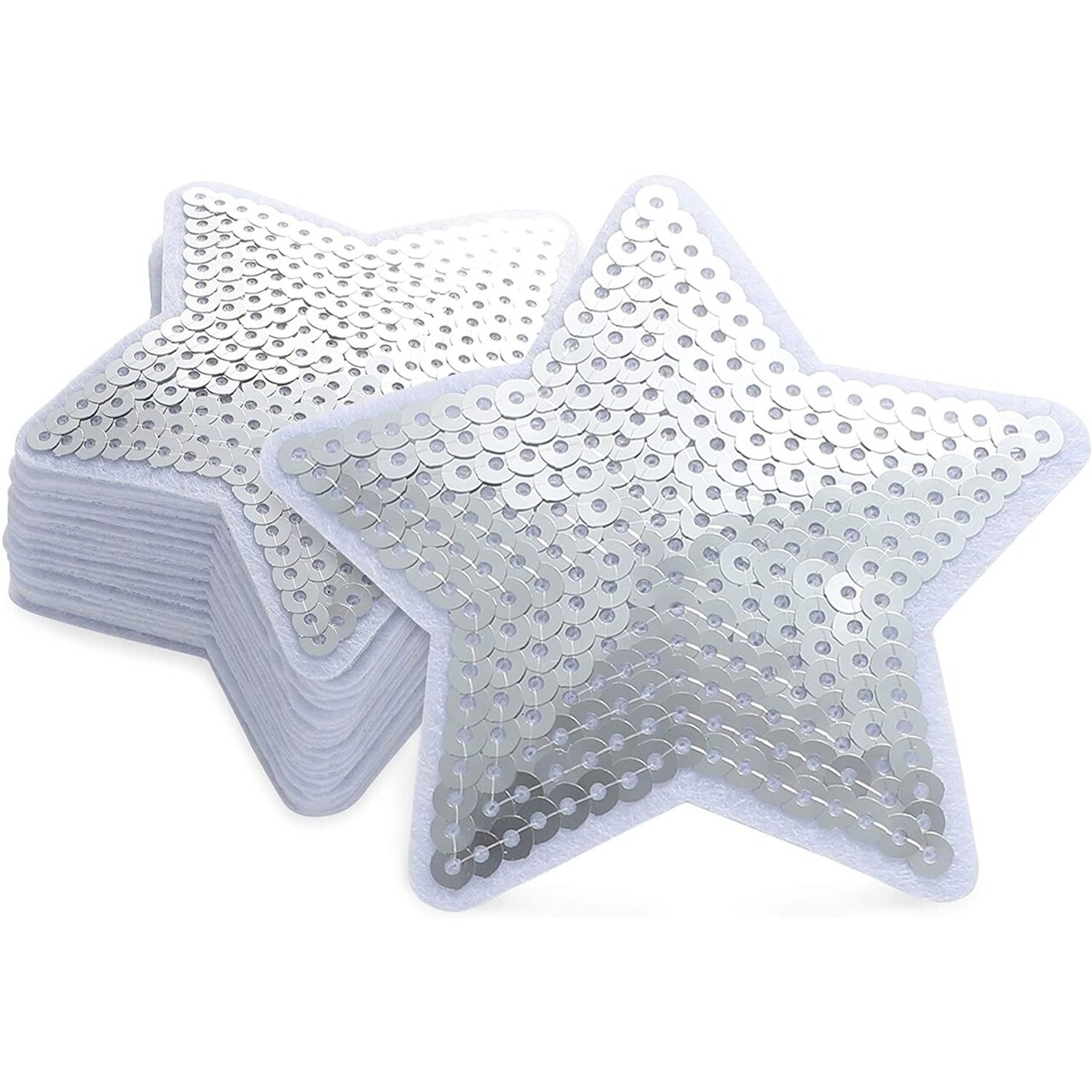 Silver Sequin Star Iron On Patches for Clothing (3.3 in, 24 Pieces)